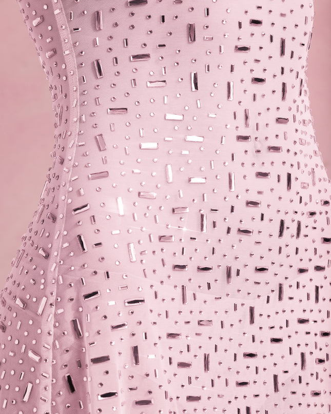 Pink Sheer Embellished Square-Neck Mini Dress