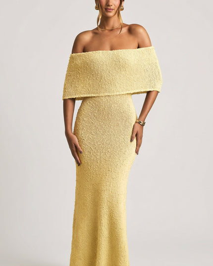 Yellow Bouclé Off-Shoulder Maxi Dress