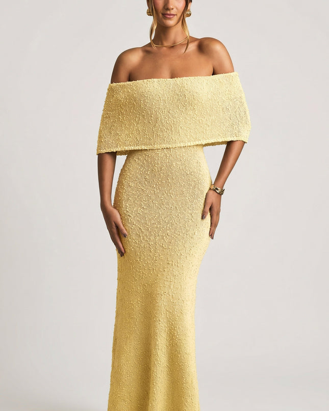 Yellow Bouclé Off-Shoulder Maxi Dress