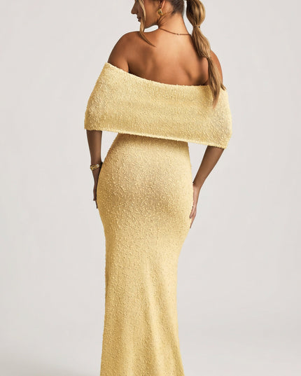 Yellow Bouclé Off-Shoulder Maxi Dress