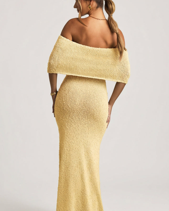 Yellow Bouclé Off-Shoulder Maxi Dress