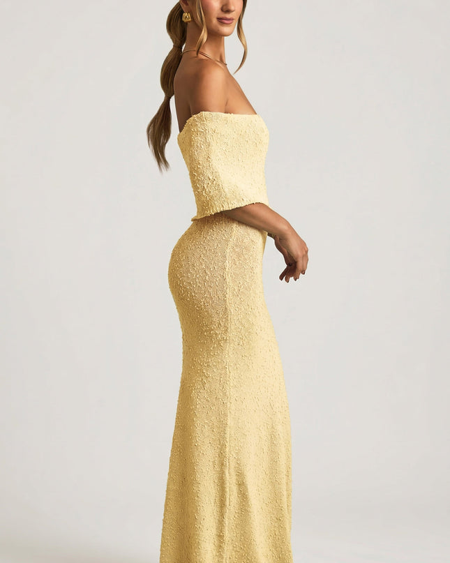 Yellow Bouclé Off-Shoulder Maxi Dress