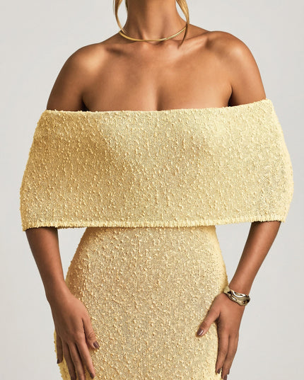 Yellow Bouclé Off-Shoulder Maxi Dress