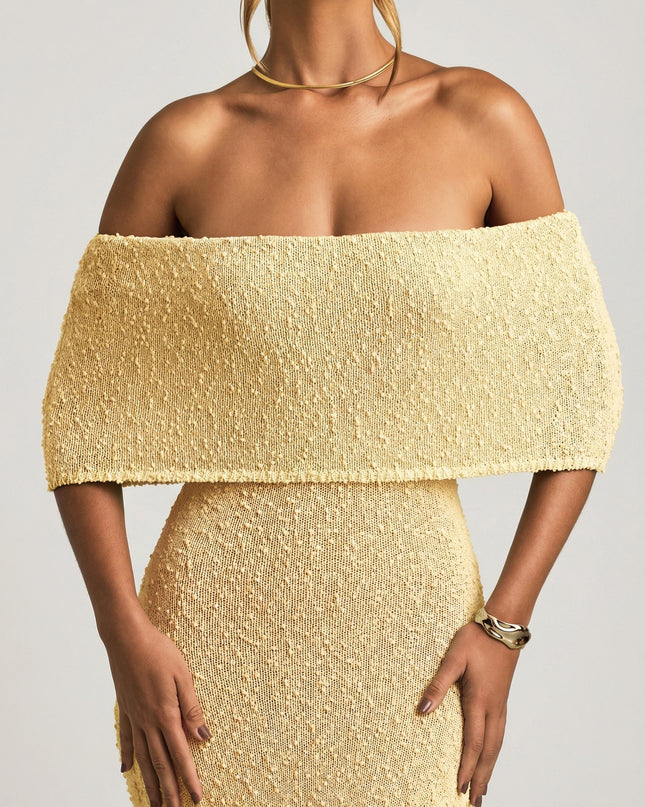 Yellow Bouclé Off-Shoulder Maxi Dress