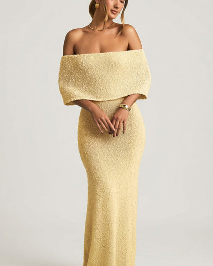 Yellow Bouclé Off-Shoulder Maxi Dress