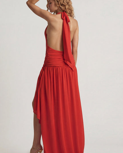 Chilli Red Asymmetric Halterneck Maxi Dress