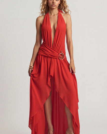 Chilli Red Asymmetric Halterneck Maxi Dress