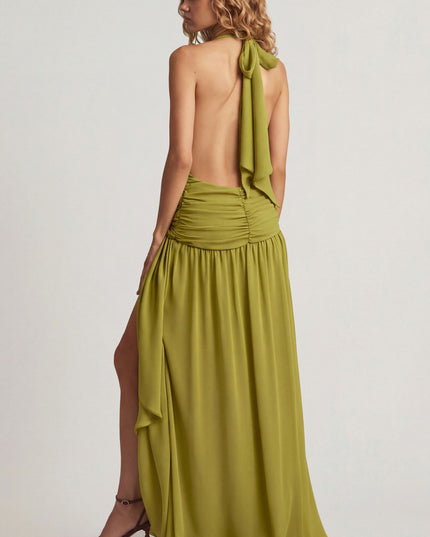 Olive Green Asymmetric Halterneck Maxi Dress
