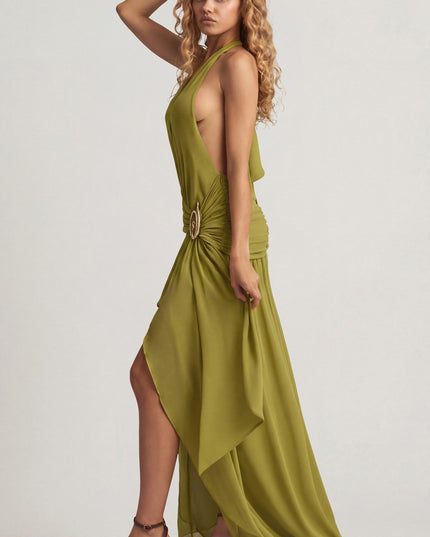 Olive Green Asymmetric Halterneck Maxi Dress