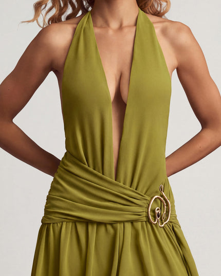 Olive Green Asymmetric Halterneck Maxi Dress