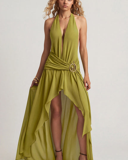Olive Green Asymmetric Halterneck Maxi Dress