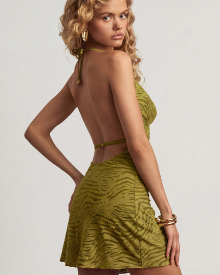 Olive Green Devoré Cowl A-Line Mini Dress