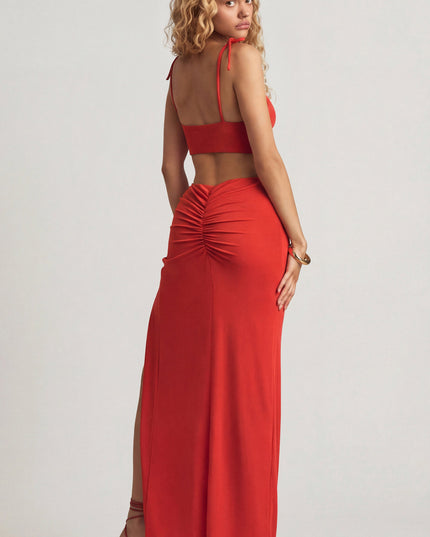 Chilli Red Textured Jersey Asymmetric Maxi Dress