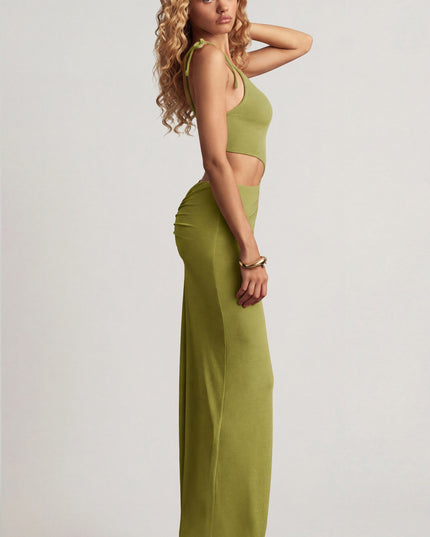 Olive Green Textured Jersey Asymmetric Maxi Dress