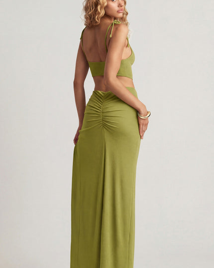 Olive Green Textured Jersey Asymmetric Maxi Dress