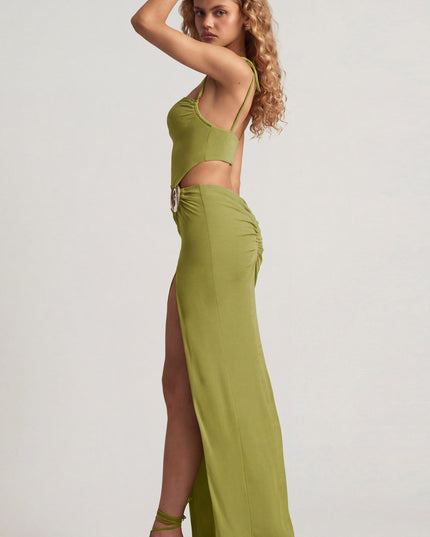 Olive Green Textured Jersey Asymmetric Maxi Dress