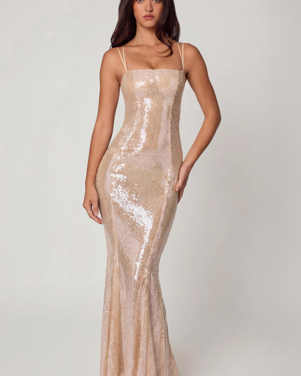 Pale Peach Embellished Square Neck Lace Gown