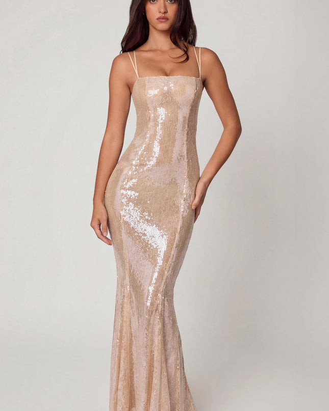 Pale Peach Embellished Square Neck Lace Gown