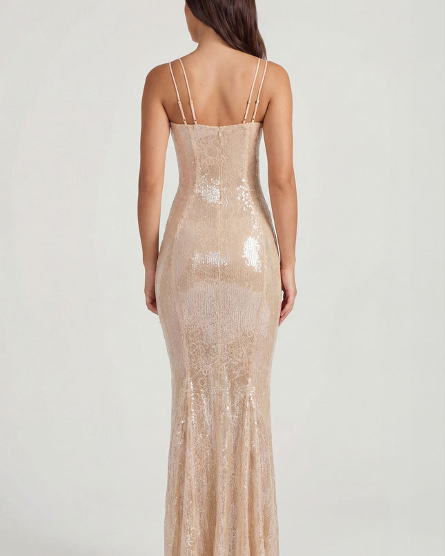 Pale Peach Embellished Square Neck Lace Gown