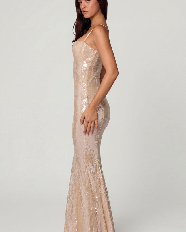 Pale Peach Embellished Square Neck Lace Gown
