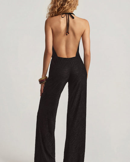 Black Devoré Halterneck Open-Back Jumpsuit