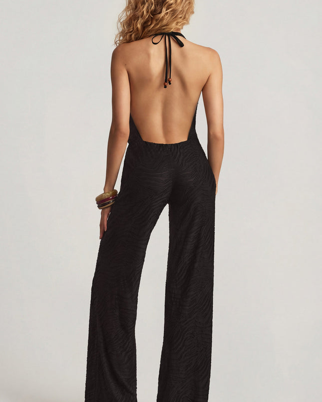 Black Devoré Halterneck Open-Back Jumpsuit
