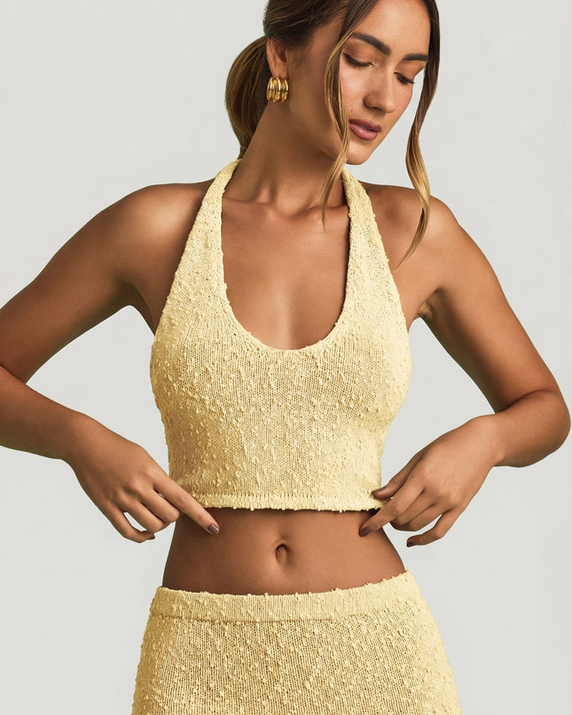 Yellow Bouclé Halterneck Crop Top