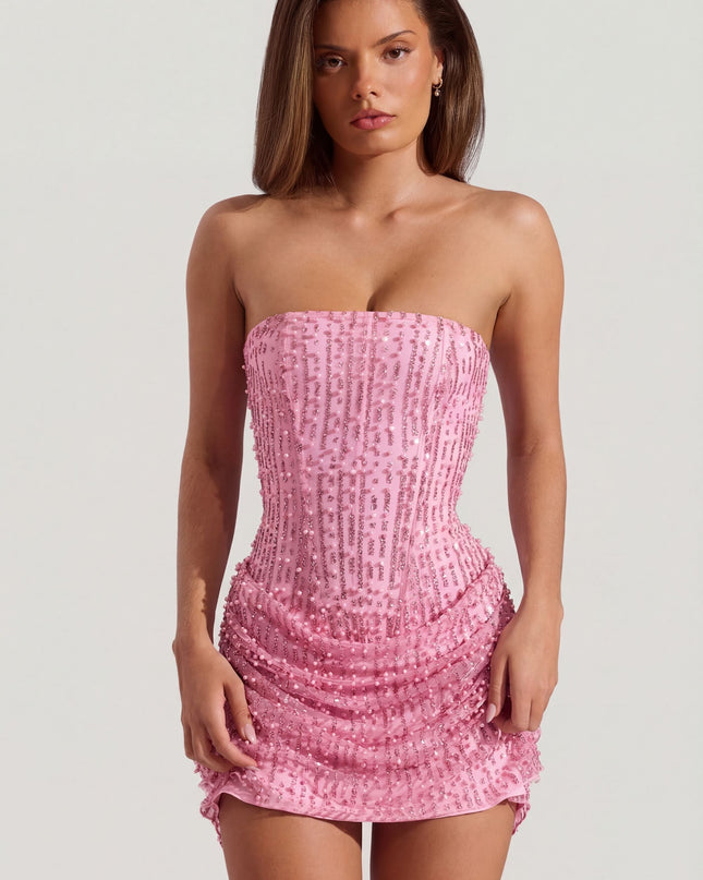 Pink Embellished Draped Strapless A-Line Mini Dress