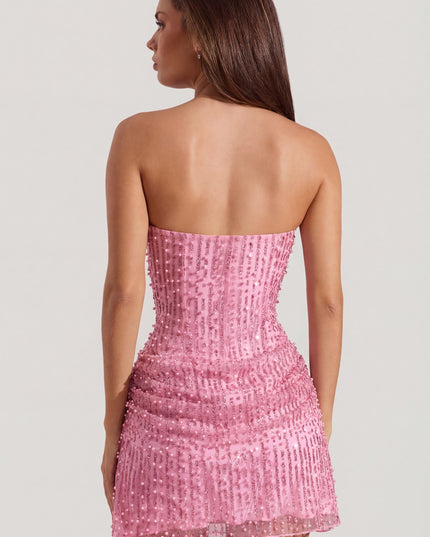 Pink Embellished Draped Strapless A-Line Mini Dress
