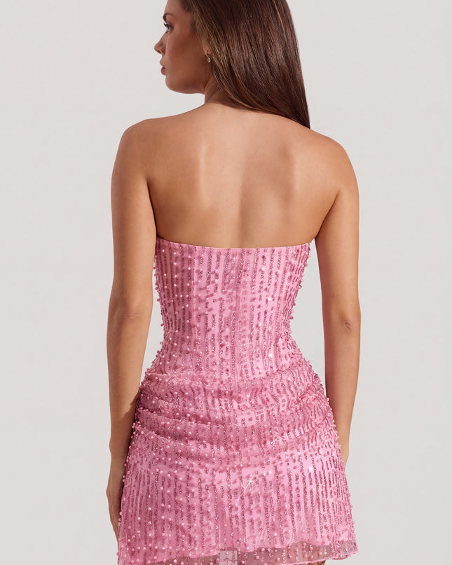Pink Embellished Draped Strapless A-Line Mini Dress