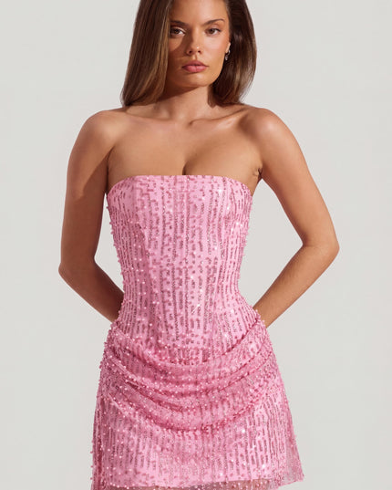 Pink Embellished Draped Strapless A-Line Mini Dress