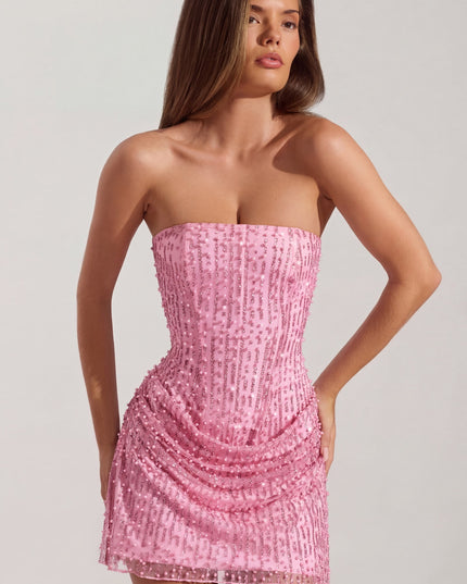 Pink Embellished Draped Strapless A-Line Mini Dress
