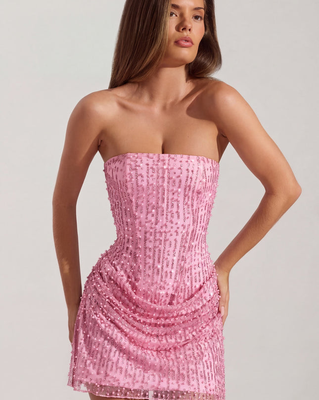 Pink Embellished Draped Strapless A-Line Mini Dress