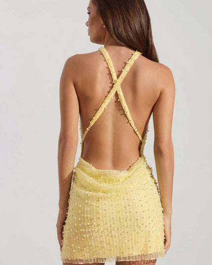 Limoncello Embellished Cowl-Neck Backless Mini Dress