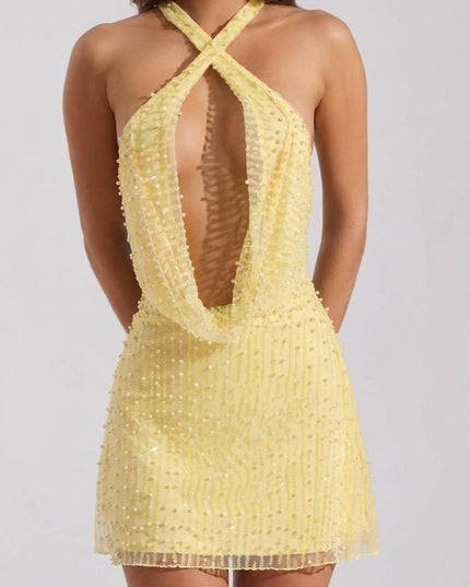 Limoncello Embellished Cowl-Neck Backless Mini Dress