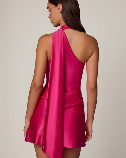 Hot Pink Asymmetric Scarf-Detail Mini Dress
