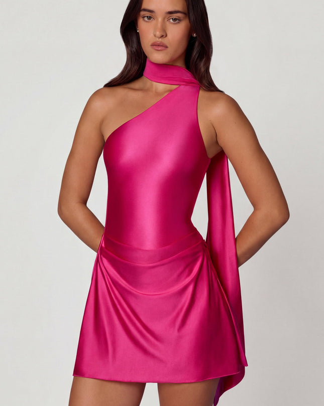 Hot Pink Asymmetric Scarf-Detail Mini Dress
