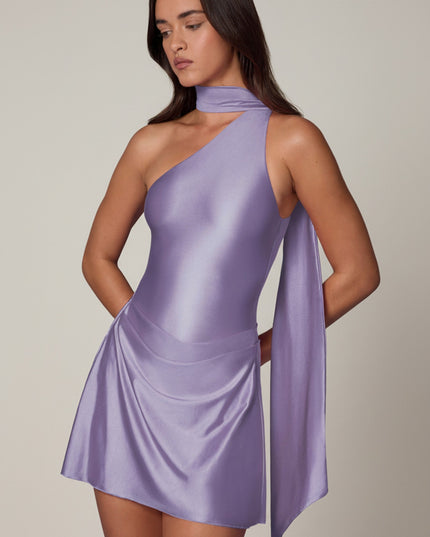 Lilac Asymmetric Scarf-Detail Mini Dress