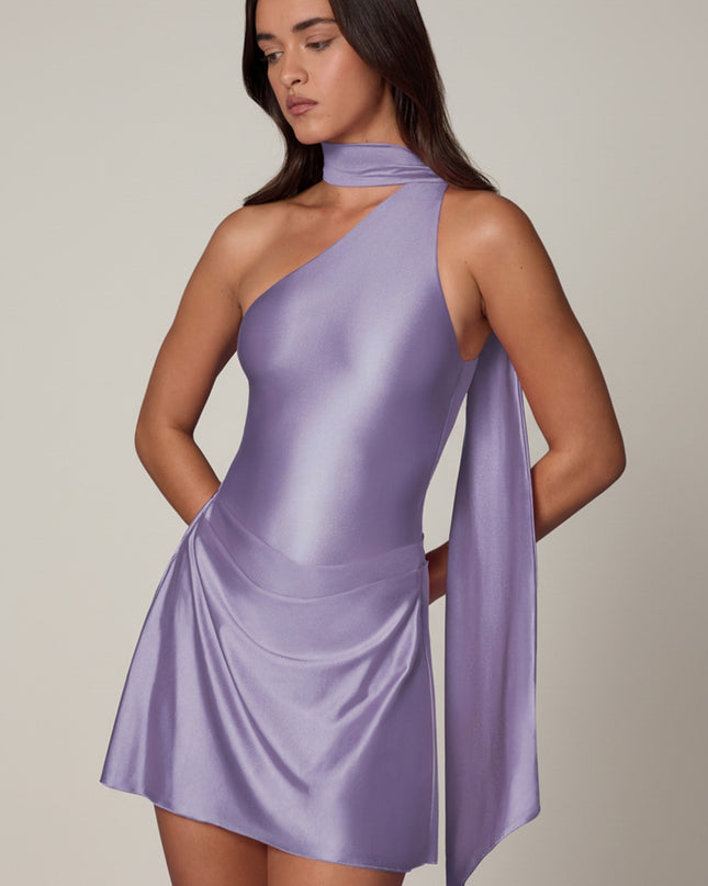 Lilac Asymmetric Scarf-Detail Mini Dress