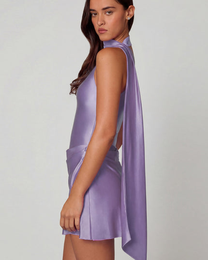 Lilac Asymmetric Scarf-Detail Mini Dress