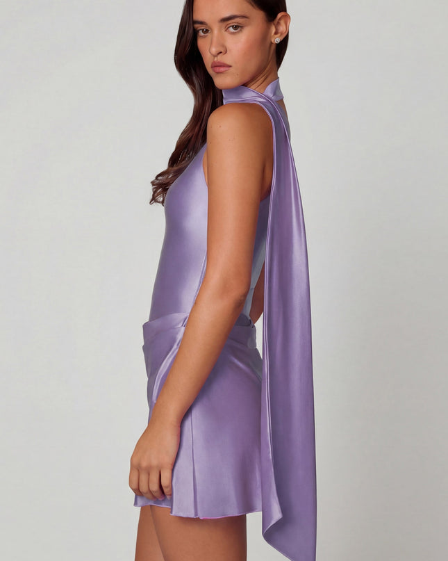 Lilac Asymmetric Scarf-Detail Mini Dress