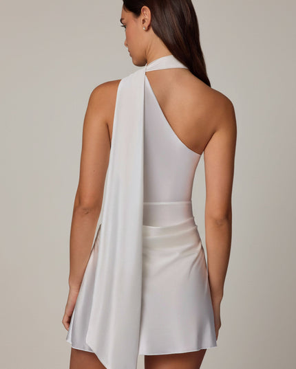 White Asymmetric Scarf-Detail Mini Dress