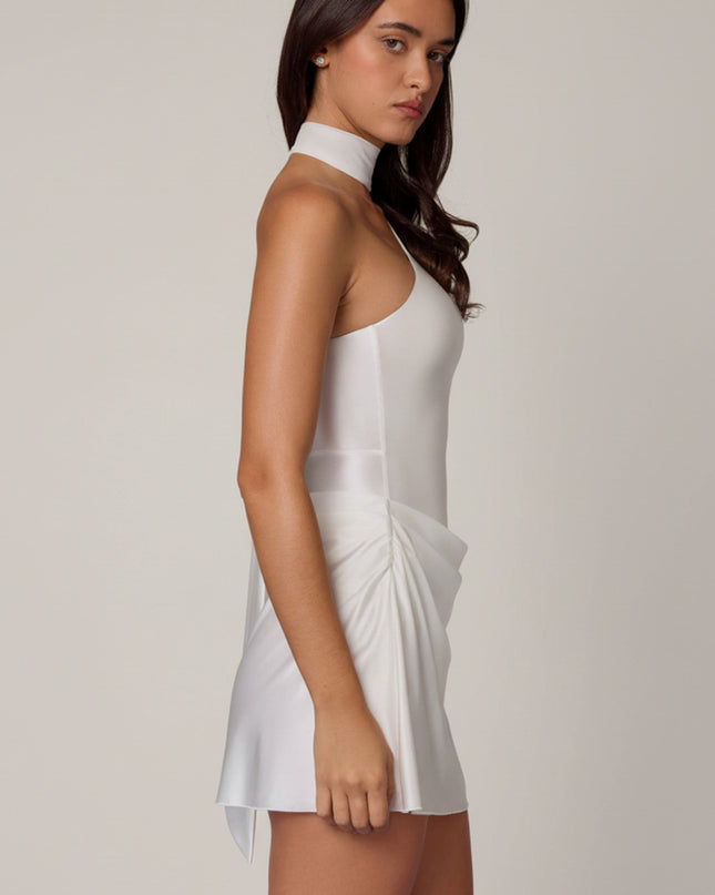 White Asymmetric Scarf-Detail Mini Dress
