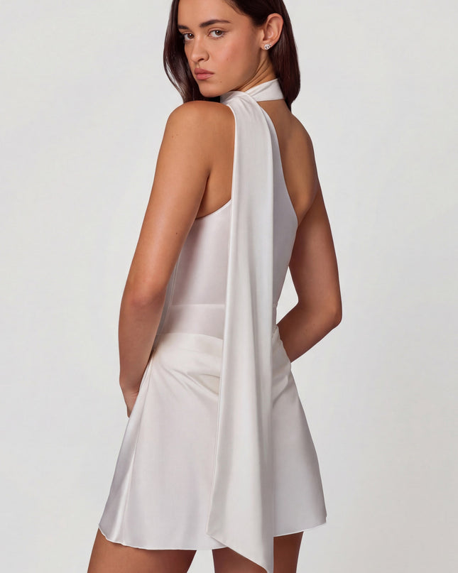 White Asymmetric Scarf-Detail Mini Dress