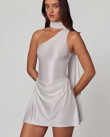 White Asymmetric Scarf-Detail Mini Dress