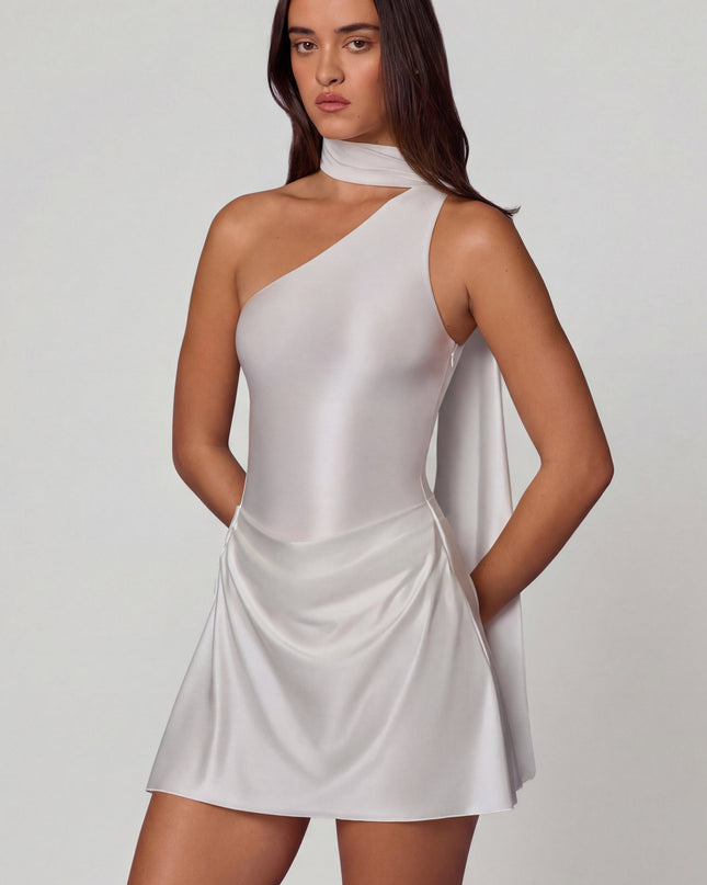 White Asymmetric Scarf-Detail Mini Dress