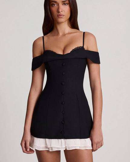 Black Off-Shoulder Ruffle A-Line Mini Dress