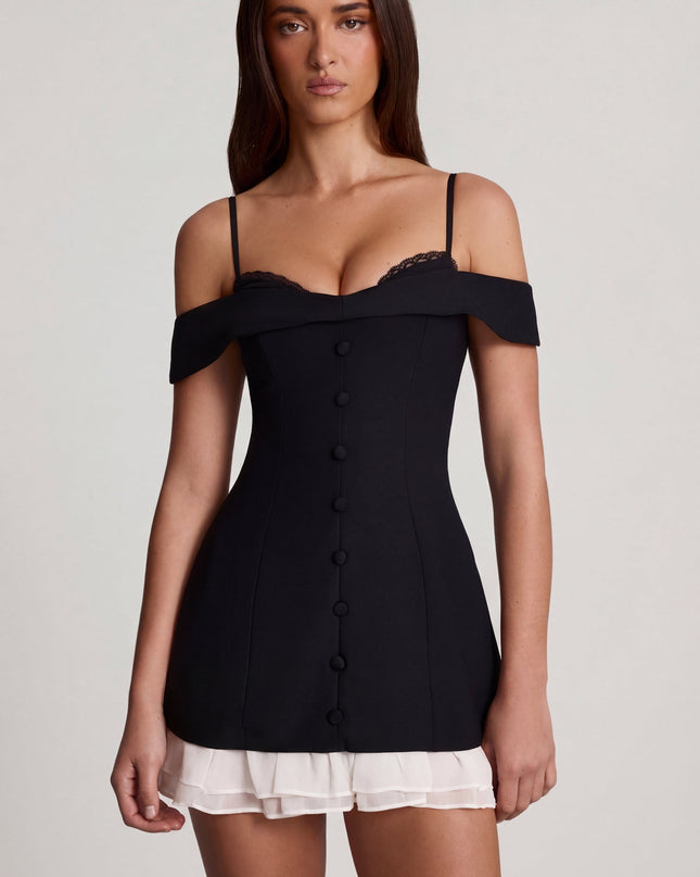 Black Off-Shoulder Ruffle A-Line Mini Dress