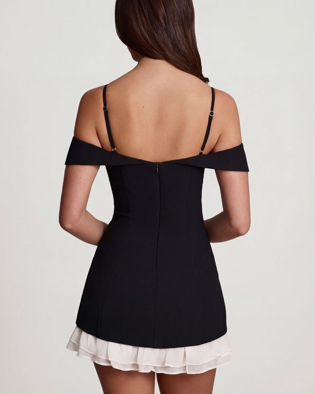 Black Off-Shoulder Ruffle A-Line Mini Dress