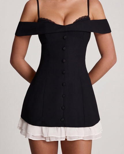 Black Off-Shoulder Ruffle A-Line Mini Dress